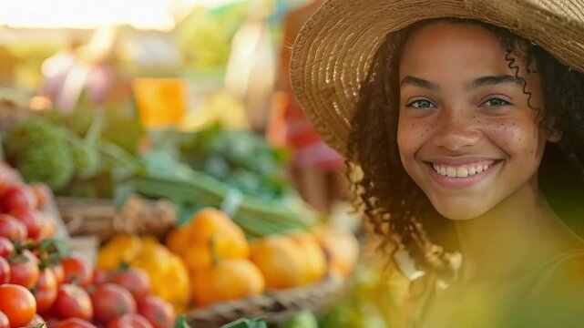 Happy afro girl against the background of a vegetable market or vegetable rows in a supermarket