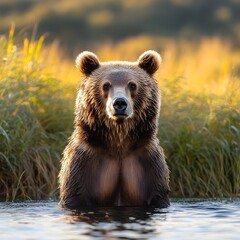 Obraz premium Majestic Brown Bear Relaxing in Serene Natural Habitat