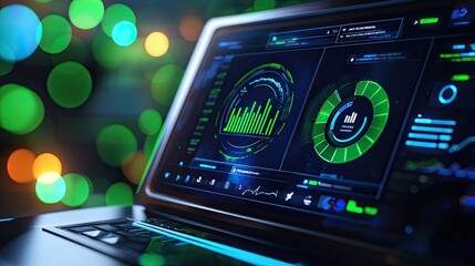 Obraz premium A sleek laptop displays vibrant data analytics on a futuristic interface, surrounded by colorful bokeh lights, emphasizing technology and innovation.