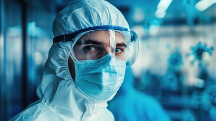 Technician in full protective gear, including face mask and goggles, observing in an industrial facility, emphasizing safety during health emergencies.