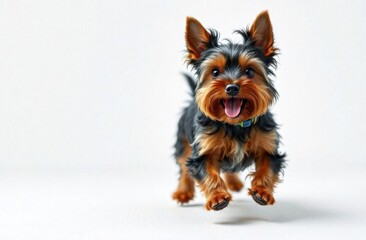 Naklejka premium Portrait of cute playful puppy in motion jumping isolated on white background. Happy dog ​​running. Copy space for advertising. High quality photo