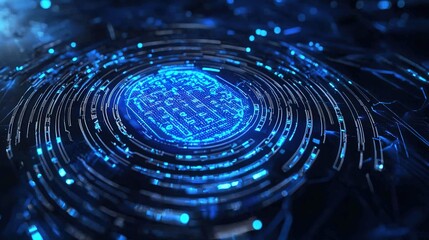 A digital fingerprint surrounded by glowing blue patterns, symbolizing technology, security, and identity verification.