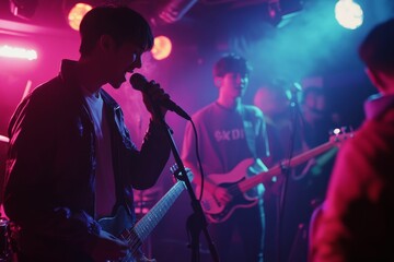 Fototapeta premium Band performing live; vibrant stage lighting.