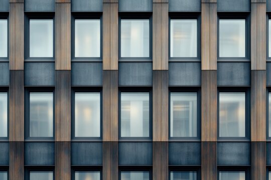 This modern building facade showcases a unique combination of materials and patterns, highlighting rows of windows framed by elegant vertical lines - Powered by Adobe