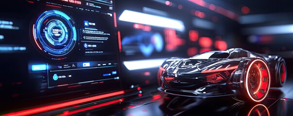 A futuristic car design showcased alongside a digital interface with glowing elements, highlighting advanced technology and innovation.