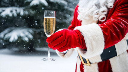 Santa Claus's hand in a glove holds a glass of champagne in nature, winter, snow