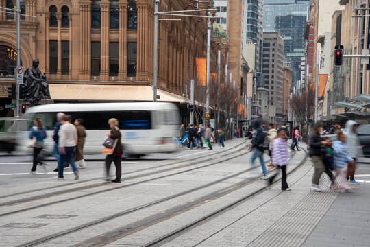 George Street with blurry cars and pedestrians
