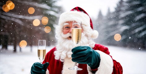 Santa Claus's hand in a glove holds a glass of champagne in nature, winter, snow