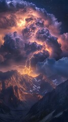 Fototapeta premium Dramatic Lightning Storm Over Rugged Mountain Landscape at Dusk