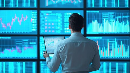 Fototapeta premium A professional analyzing financial data displayed on multiple screens, showcasing graphs and charts in a modern, tech-savvy environment.