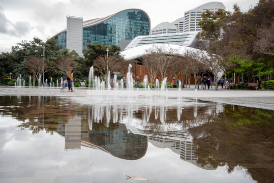 Fountain and reflection at Tumbalong Park, Darling Harbour
