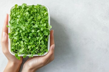 Hands gently hold a container filled with lush, vibrant watercress salad sprouts against a minimalist background, highlighting their freshness and appeal for healthy eating