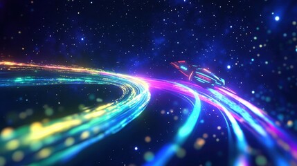 Glowing spaceship wallpaper soaring fast in a textured cosmic space backdrop