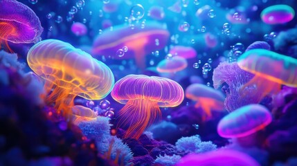 Obraz premium Wallpaper of coral structures glowing brightly in an underwater ocean backdrop