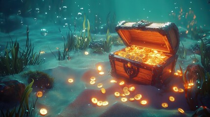 Treasure chest wallpaper glowing softly in a serene underwater cosmic ocean backdrop