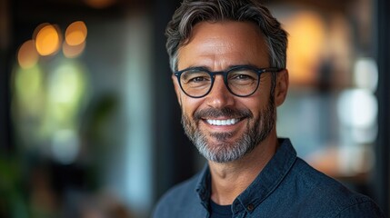 Obraz premium Confident smiling headshot of a Revenue Operations leader with glasses, surrounded by a softly blurred background and plenty of copy space.