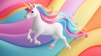 Fototapeta premium Rainbow Mane Unicorn Soaring Over Pastel Waves