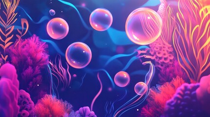 Obraz premium Glowing bubbles wallpaper with coral and seaweed in vibrant background