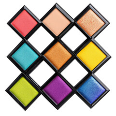 Fototapeta premium Vibrant eye shadow palettes in various colors arranged in grid.