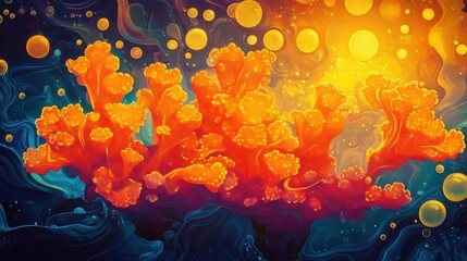 Bold coral wallpaper glowing in neon hues with underwater background