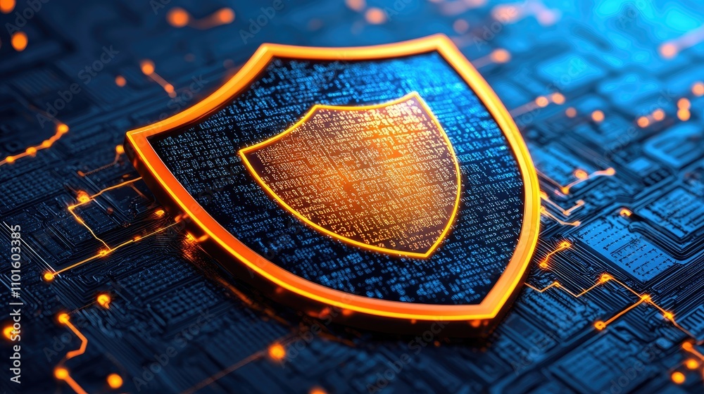 Poster close-up of a glowing shield protecting data streams in a secure digital network environment.
