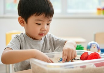 Concentrated preschooler exploring sensory rice box, developing fine motor skills and creativity in a playful learning environment