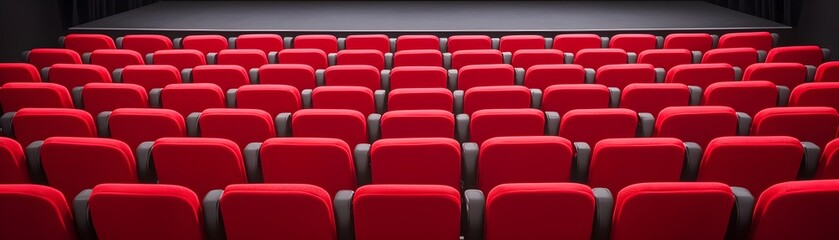 Obraz premium Empty Theater with Red Seats and Black Stage Ready for Performance or Production Setup