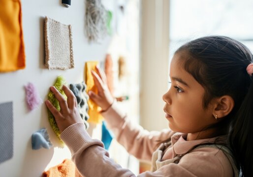 Little girl touching various fabric swatches during a sensory activity at preschool, learning about textures and developing tactile skills