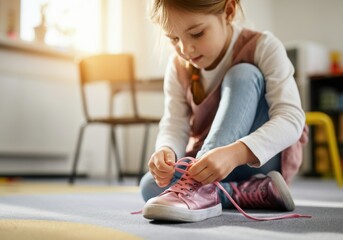 Young girl learning to tie her pink shoelaces, sitting on the floor in a bright room