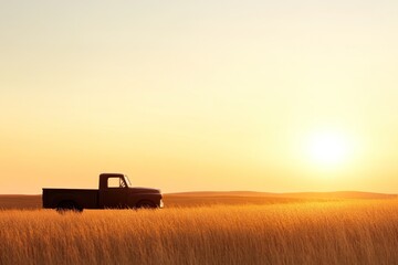 Fototapeta premium An old truck stands alone in a vast golden field, illuminated by the warm glow of the sunset. The sky transitions to deep hues while the sun dips below the horizon