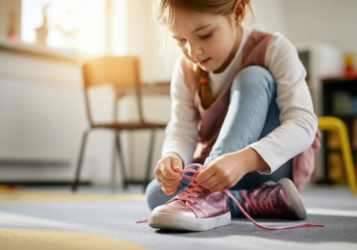 Young girl learning to tie her pink shoelaces, sitting on the floor in a bright room