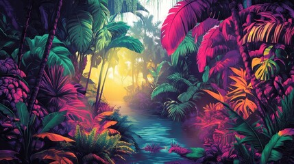 Neon jungle wallpaper glowing with vibrant plants and mist-filled backdrop