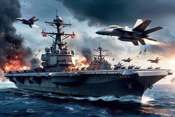 Advanced Aircraft Carrier and Tactical Fighter Jets in Dynamic War Zone Immersive Poster Art