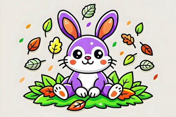 Obraz premium Cute Purple Bunny Leafy Background Whimsical Autumn Playful Happy Smiling Cartoon Nature