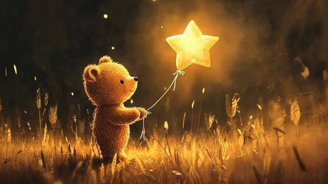 Watercolor illustration lullaby Theme, Cute bear with twinkle little star balloon in golden field, delightful animal scene.