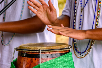 Atabaque drums being used during an Umbanda ceremony in Brazil.