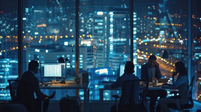 An inspiring image of a business team working late into the night in a modern office, with the city lights twinkling outside the large windows, The photo captures dedication and teamwork