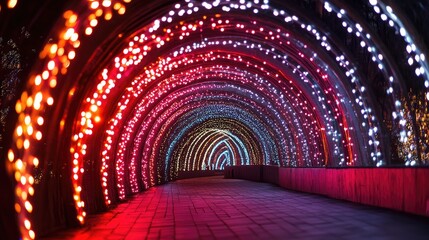 Illuminated Tunnel with Colorful Light Lines and Bokeh Effect Creating a Vibrant Atmosphere and Visual Depth
