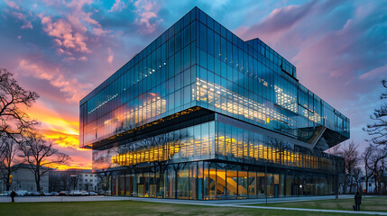 Obraz premium Striking Modern Building at Dusk with Reflective Glass Facade Surrounded by Trees and Colorful Sky, Showcasing Innovative Architectural Design and Urban Landscape