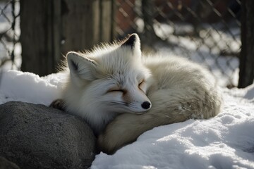 Naklejka premium Artic Fox. Majestic White Fox in Snowy Quebec, Canada. Arctic Wildlife in Winter Background