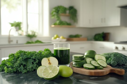 A beautifully arranged spread of fresh ingredients for green juice, including kale, spinach, cucumber, lime, and apples, with a freshly made juice in the center. National Green Juice Day.