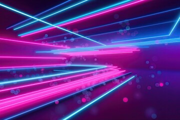 Neon Pink and Blue 3D Abstract Background with Glowing Lines and Bokeh Lights