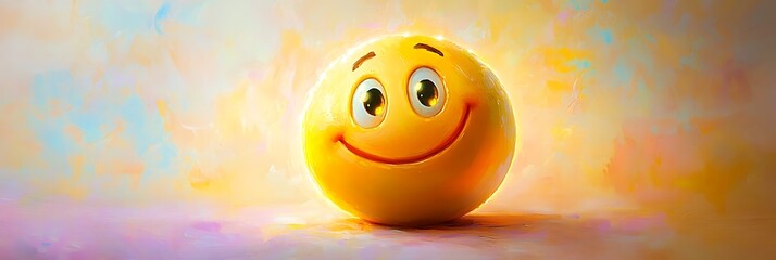 A cheerful emoji man in classic yellow with glowing accents on a soft pastel canvas ,