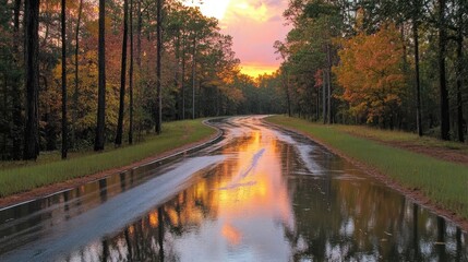 Obraz premium Tranquil sunset over a wet road reflecting colorful trees, creating a serene ambiance perfect for nature lovers.