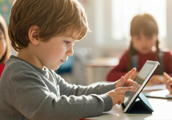 Young boy using digital tablet in preschool classroom, interacting with educational apps and games