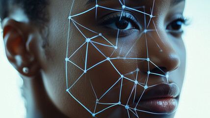 close up of woman face with AI nodes connecting facial features, showcasing technology and beauty. intricate network highlights fusion of human and digital elements