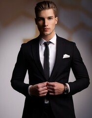 handsome and elegant young Caucasian man wearing a formal suit,