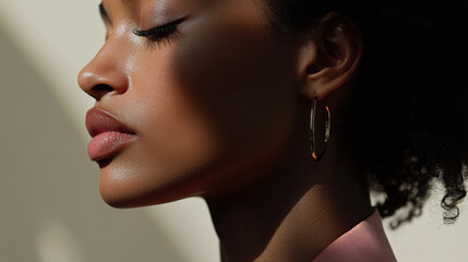 A minimalist close-up profile of a woman wearing a gold hoop earring in soft lighting