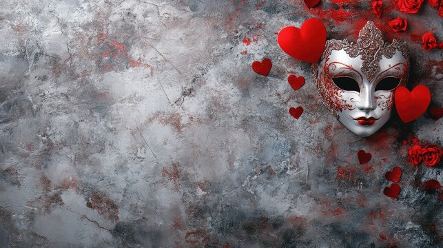 Venetian mask adorned with intricate designs surrounded by red heart decorations on a textured stone backdrop, perfect for blind dating themes.