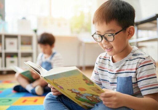 Young student enjoying reading a book in a colorful classroom, promoting education and literacy